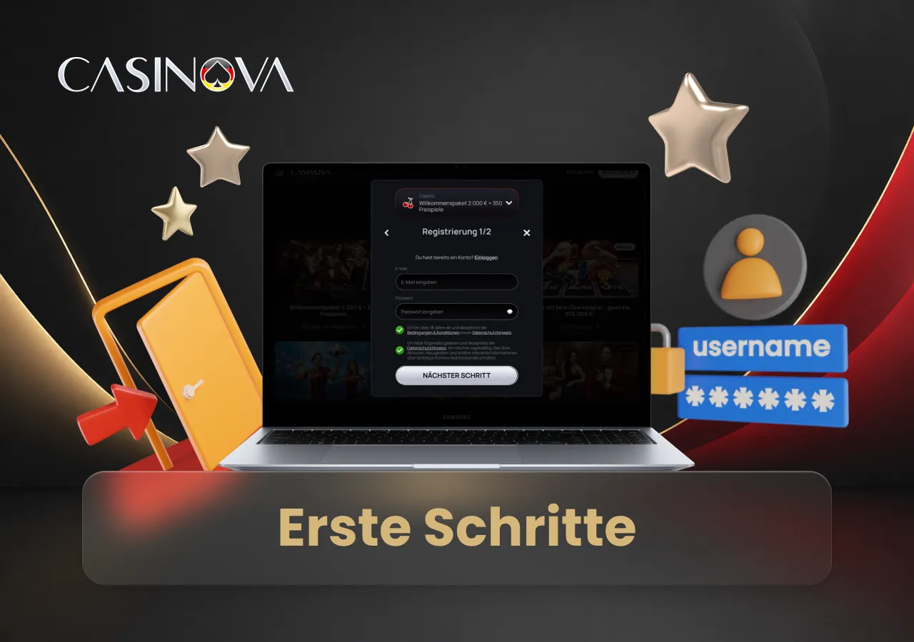 Die Anmeldung am Laptop zeigt die ersten Schritte zur Erstellung eines neuen Spielerkontos.