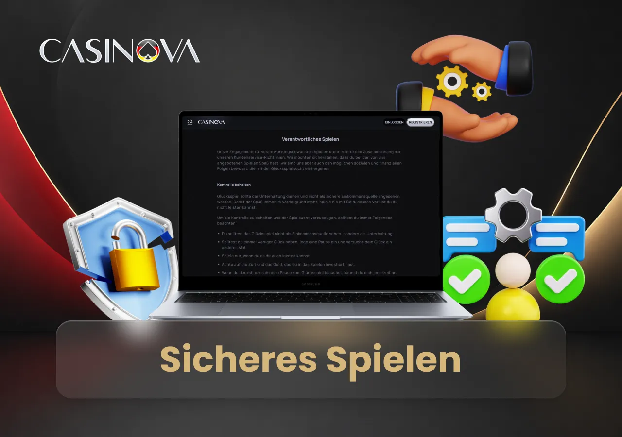 Sicherheitsfunktionen und verantwortungsvolles Spielen werden durch Schutz- und Kontrollelemente dargestellt.