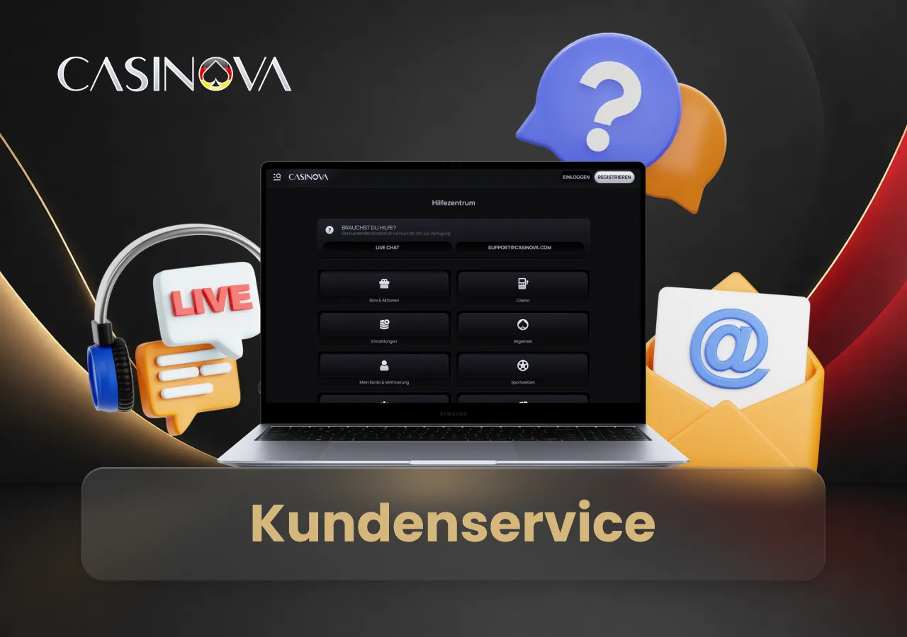 Der Laptop zeigt verschiedene Möglichkeiten zur Kontaktaufnahme mit dem Kundenservice des Casinos.